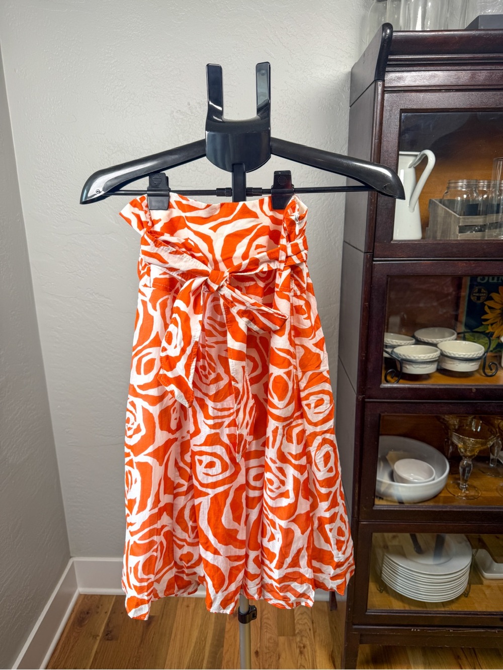 Zara Basic Orange White Floral Rose Print Cotton Silk Midi Skirt Size S